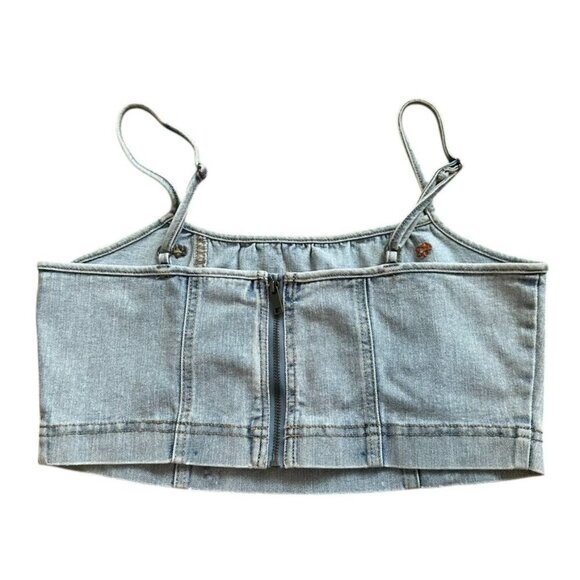 Indigo Rein Blue Denim Embroidered Floral Crop Top Zipper Back Corset, Medium - Picture 2 of 8